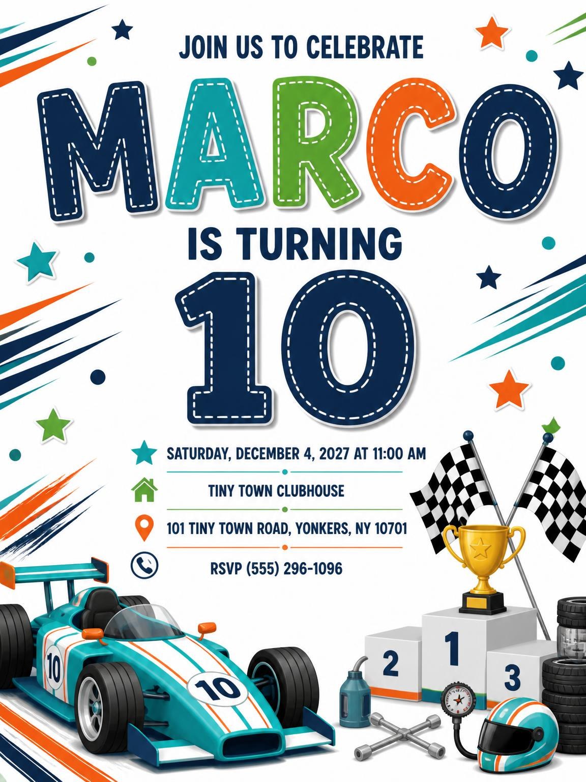 Podium Trophy Stitched 10th Birthday Invitation