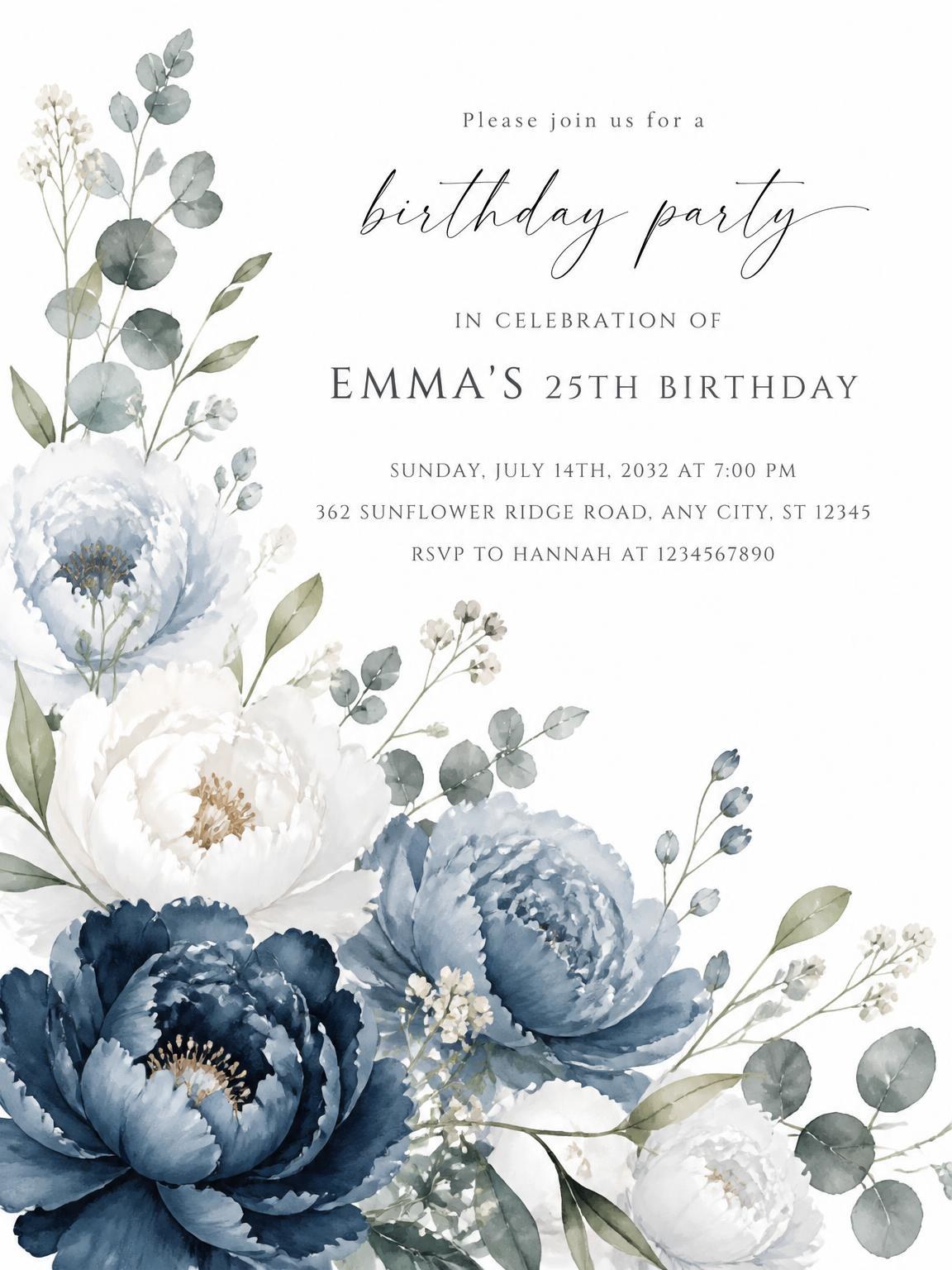 Navy Florals Dusty Blue 25th Birthday Invitation