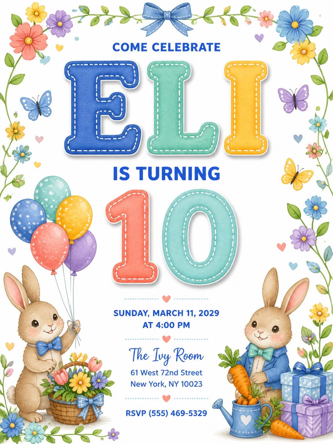 Stitched Bunny Garden 10th Birthday Invitation