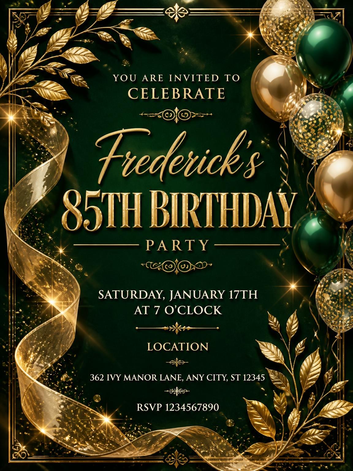 Emerald and Champagne 85th Birthday Invitation