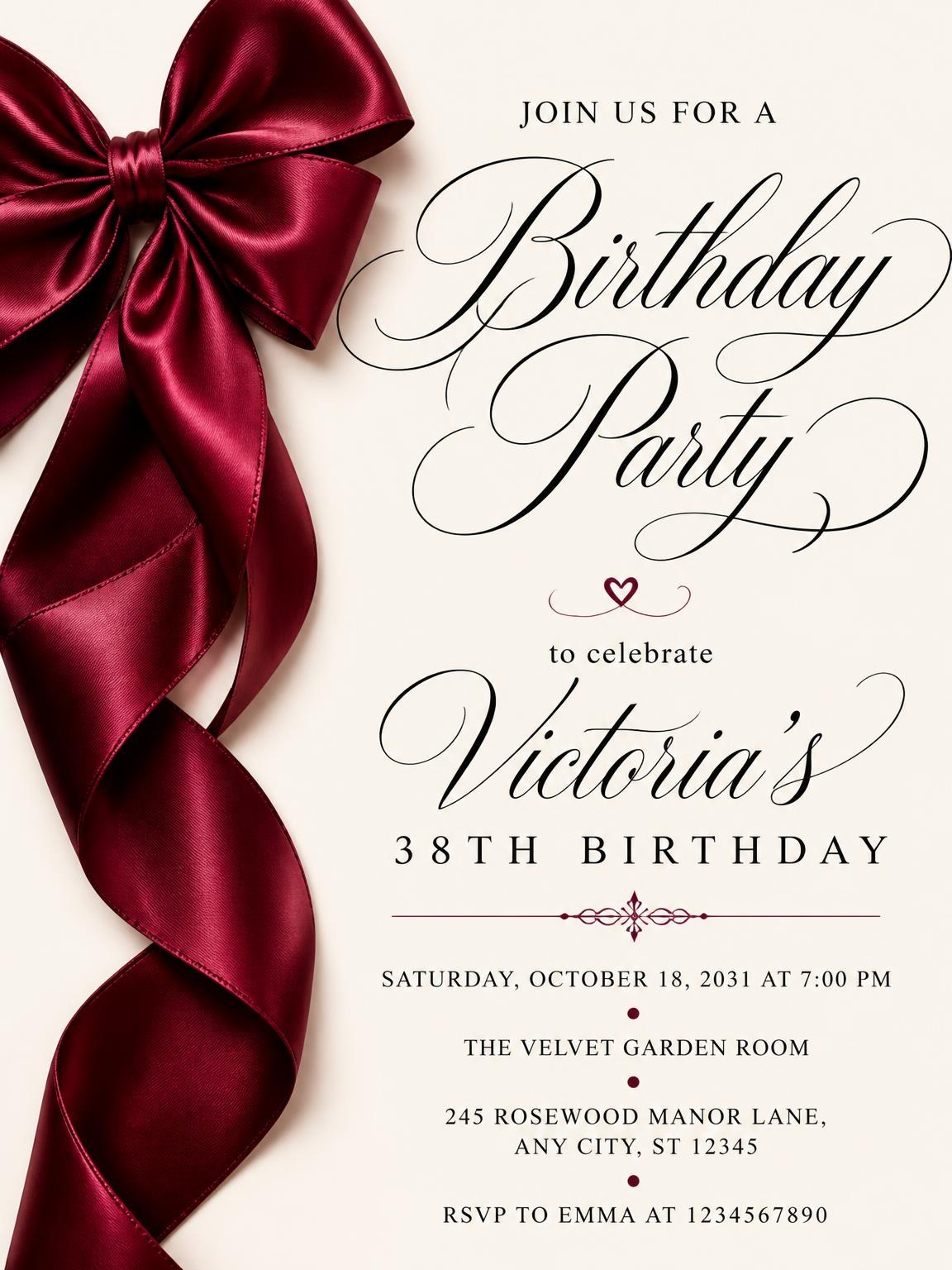 Burgundy Satin Bow 38th Birthday Invitation