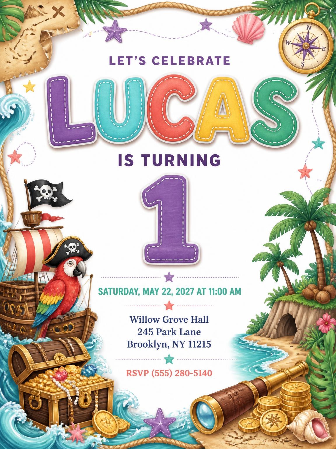 Pirate Adventure 1st Birthday Invitation