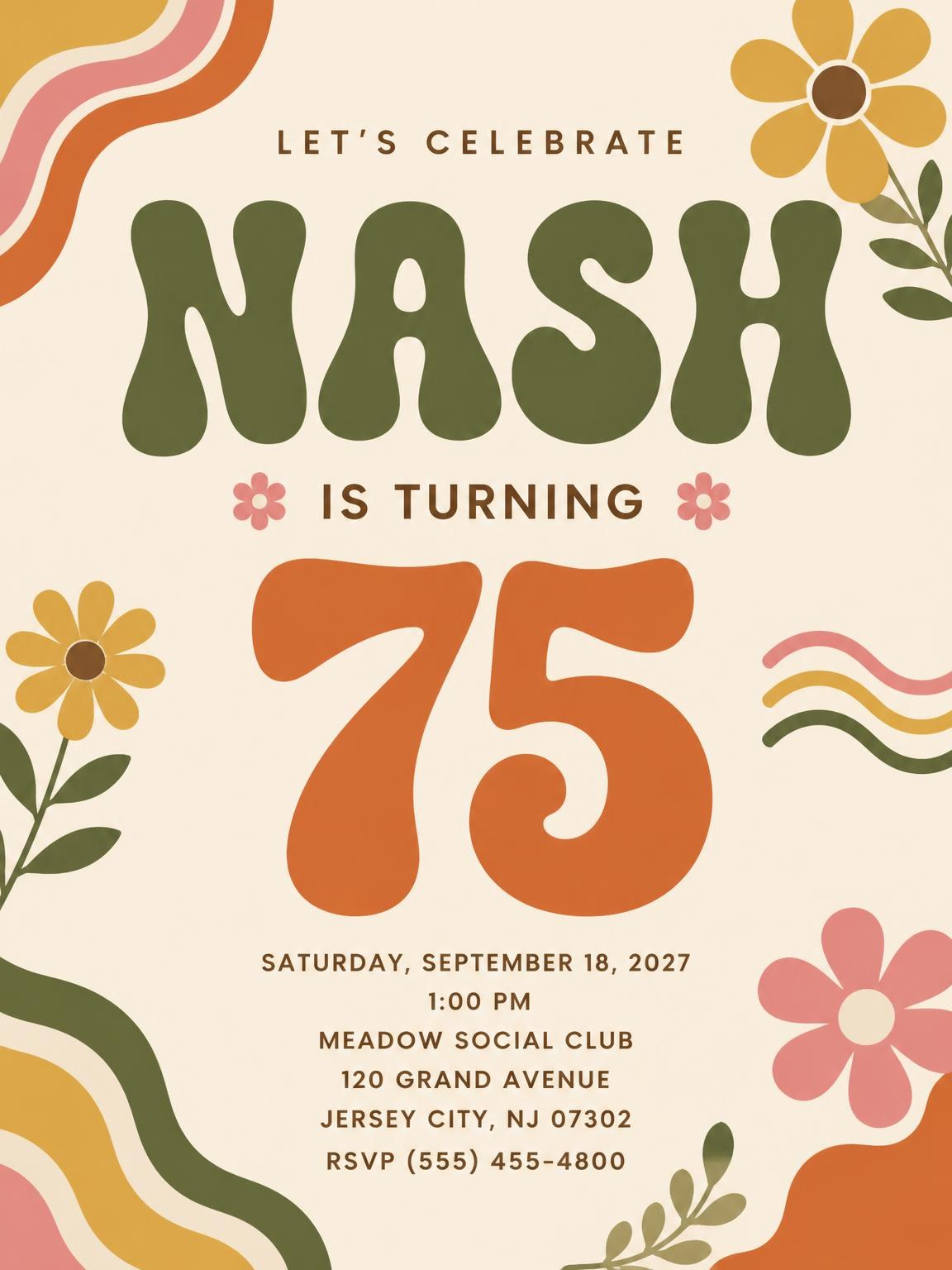 Groovy Retro 75th Birthday Invitation