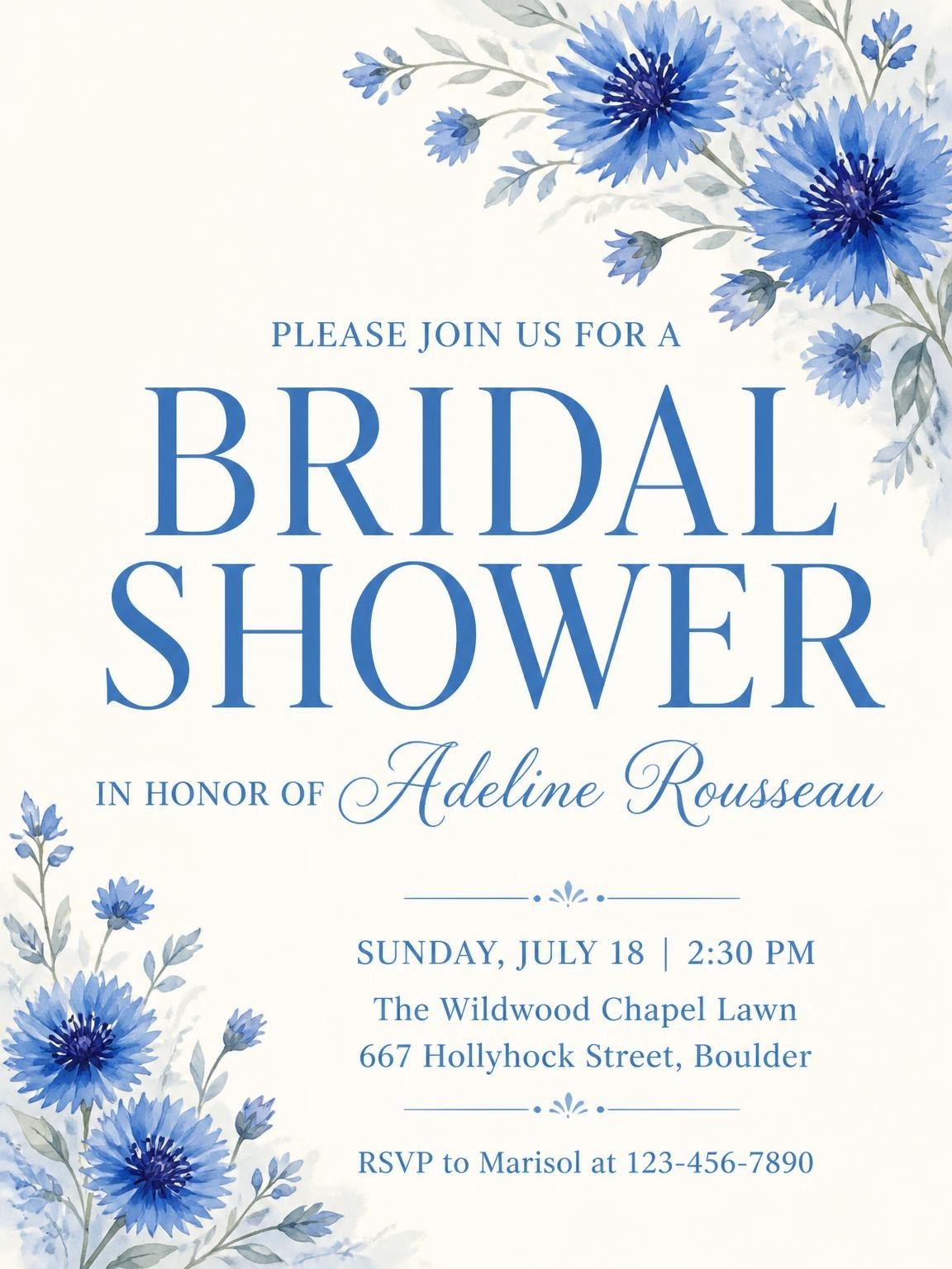 Blue Watercolor Cornflower Bridal Shower