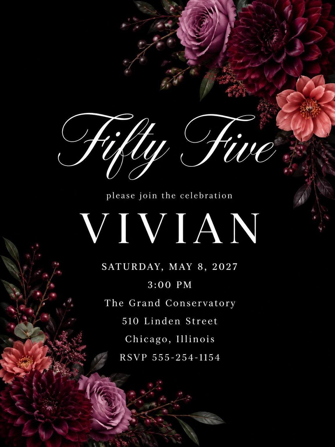 Black Floral 55th Birthday Invitation