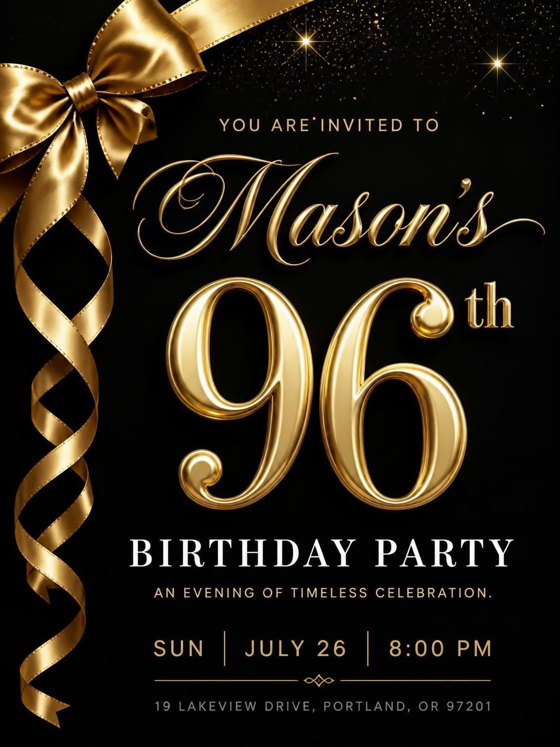 Black and Gold Ribbon 96th Birthday