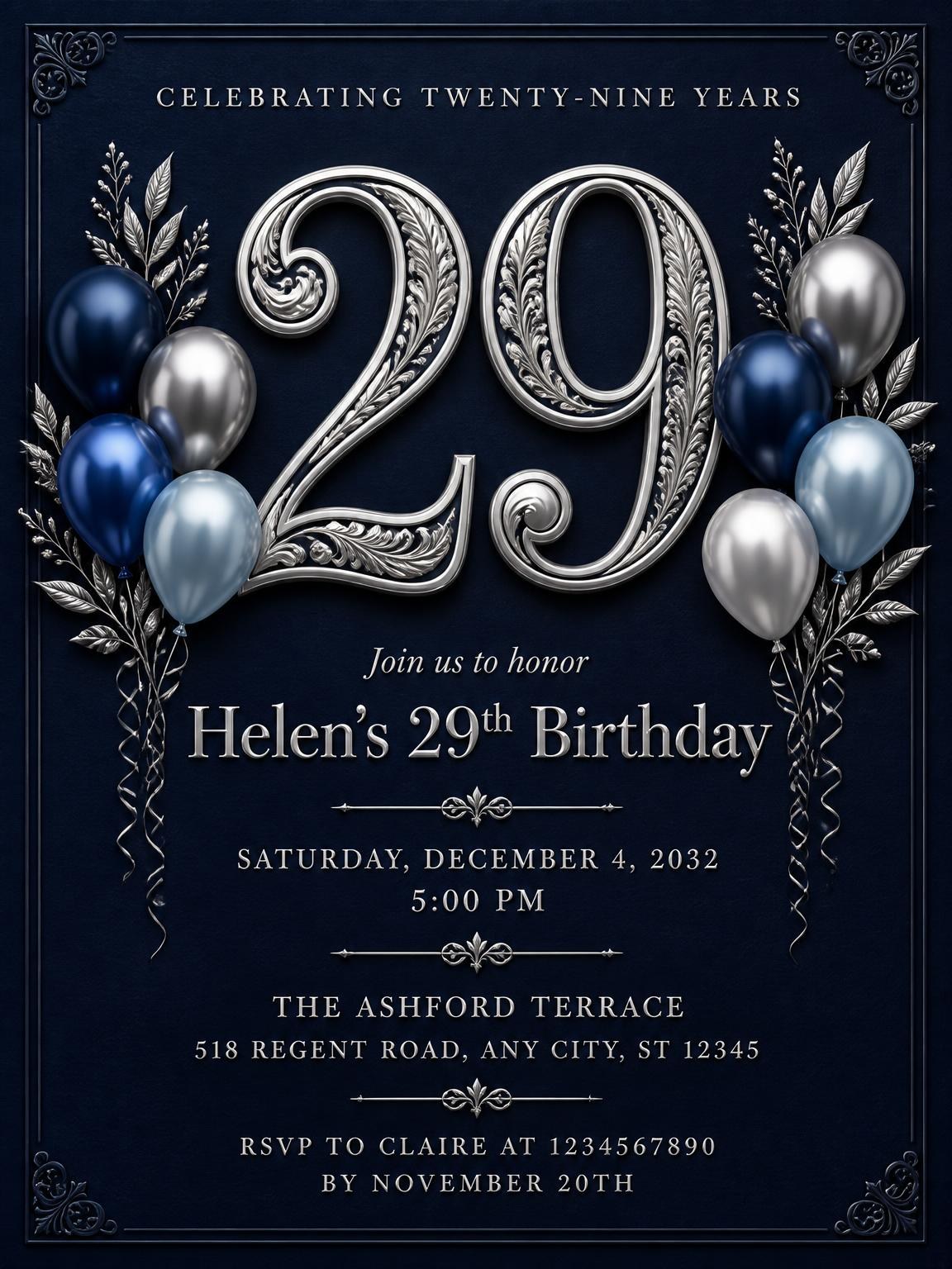 Navy and Silver 29th Birthday Invitation