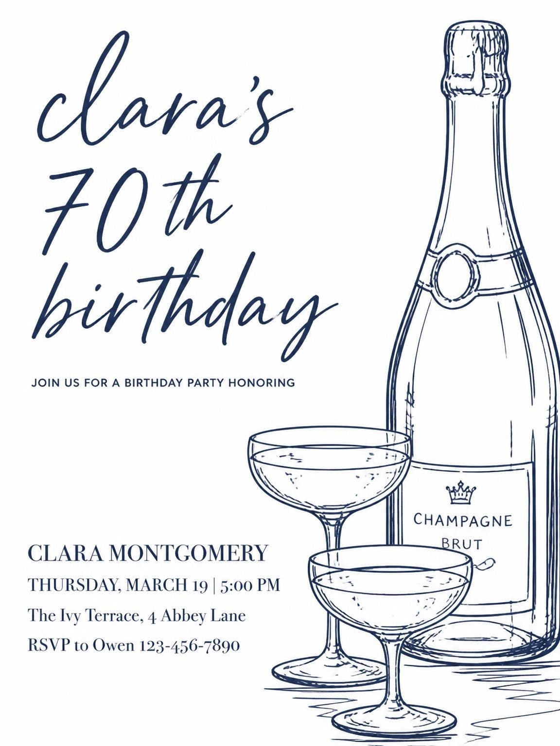 Navy Ink Champagne 70th Birthday