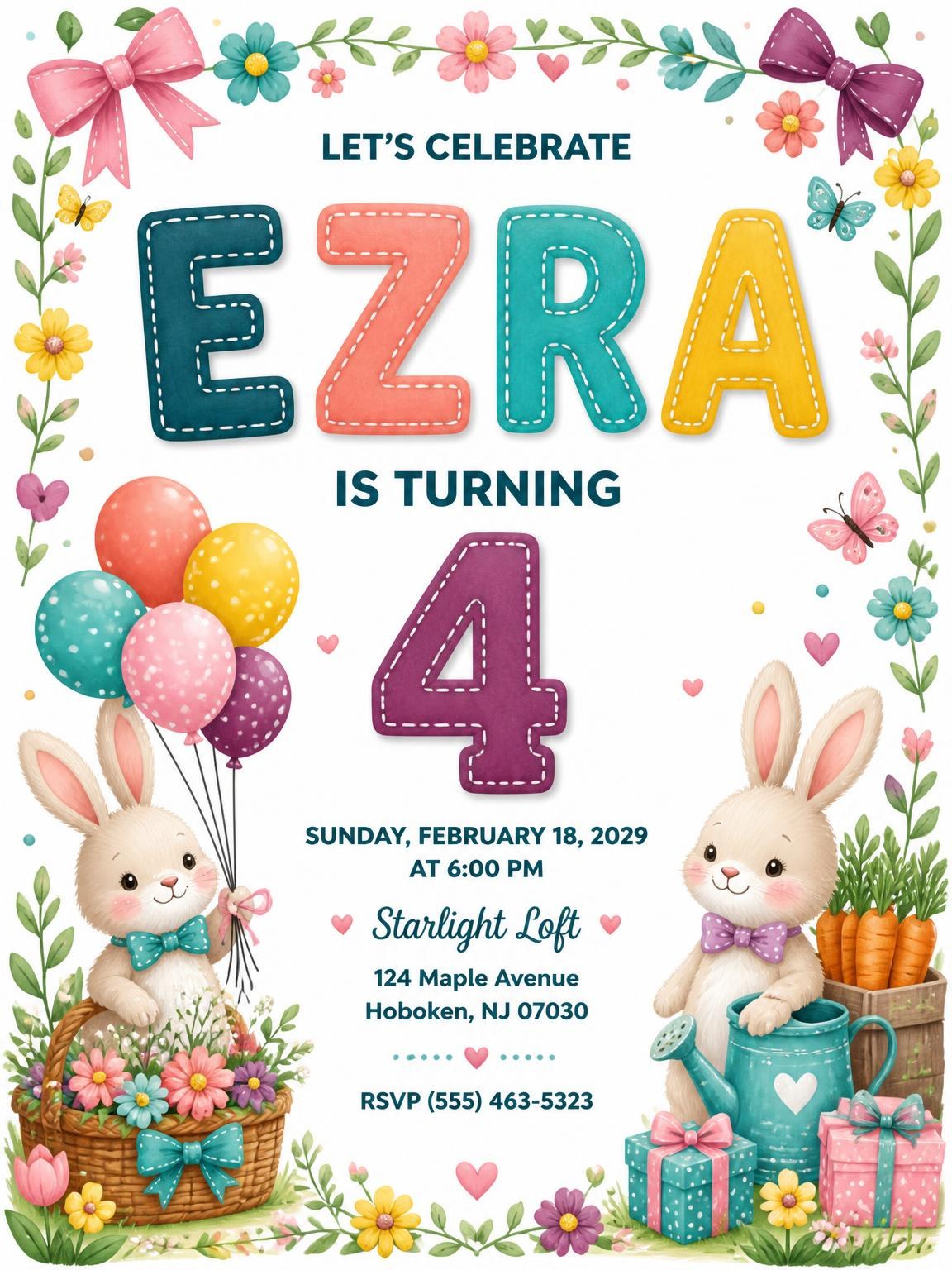Stitched Bunny Garden 4th Birthday Invitation