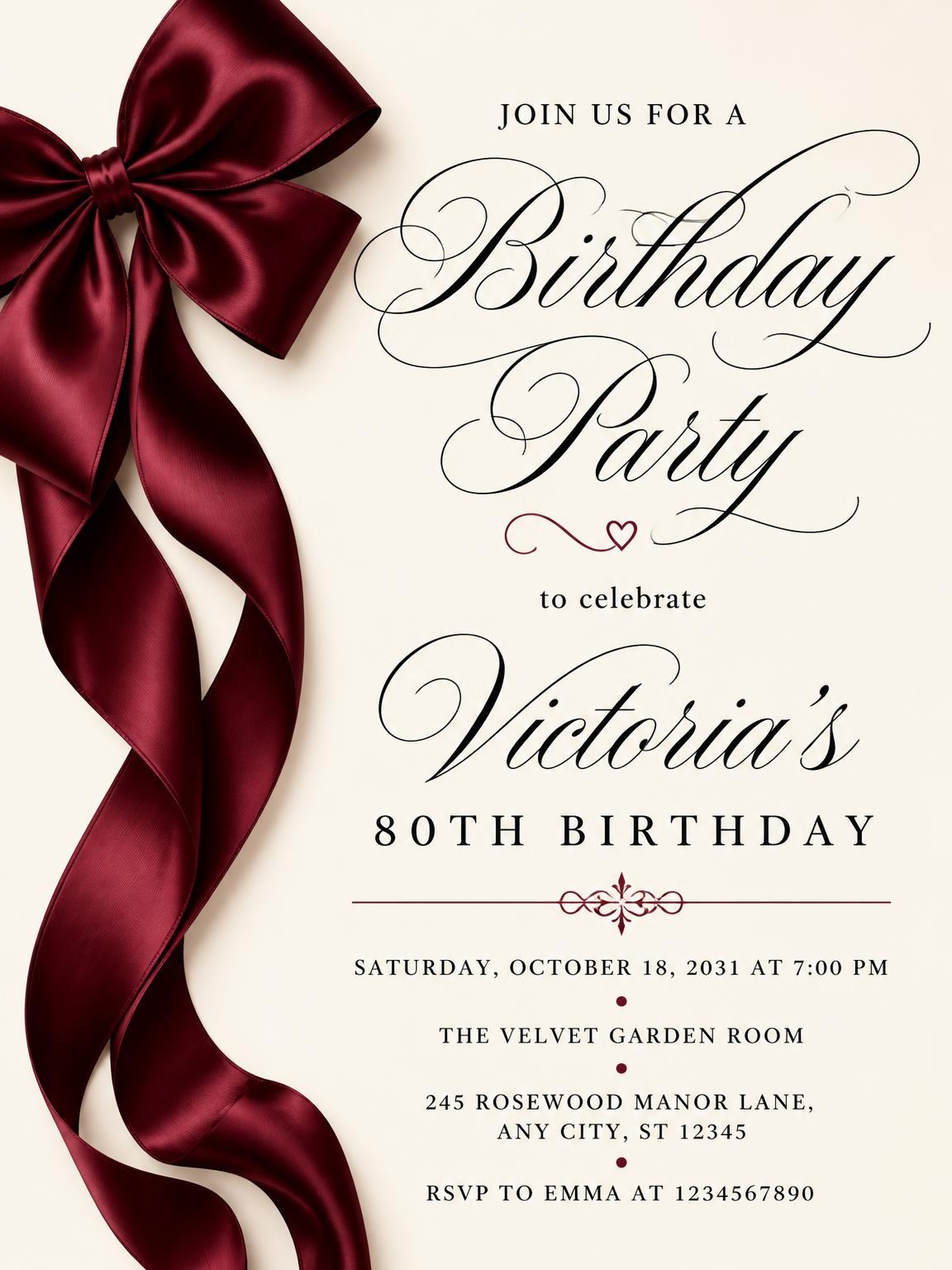 Burgundy Satin Bow 80th Birthday Invitation