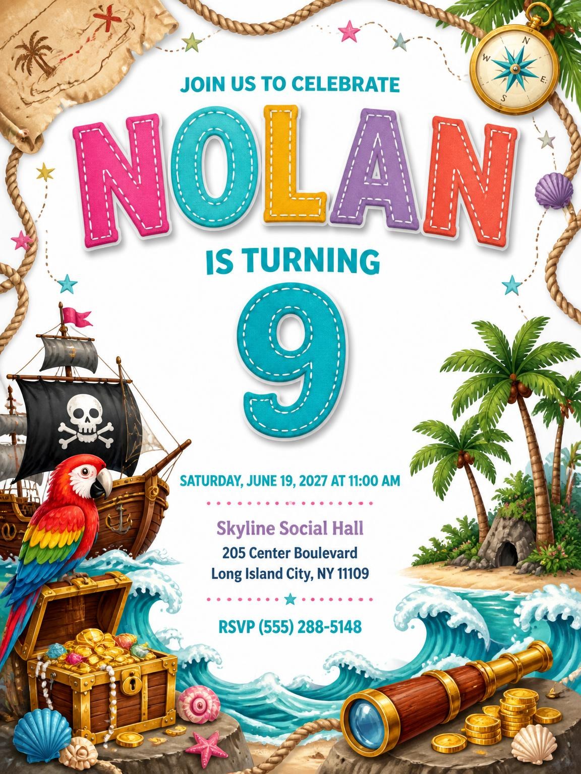 Pirate Adventure 9th Birthday Invitation