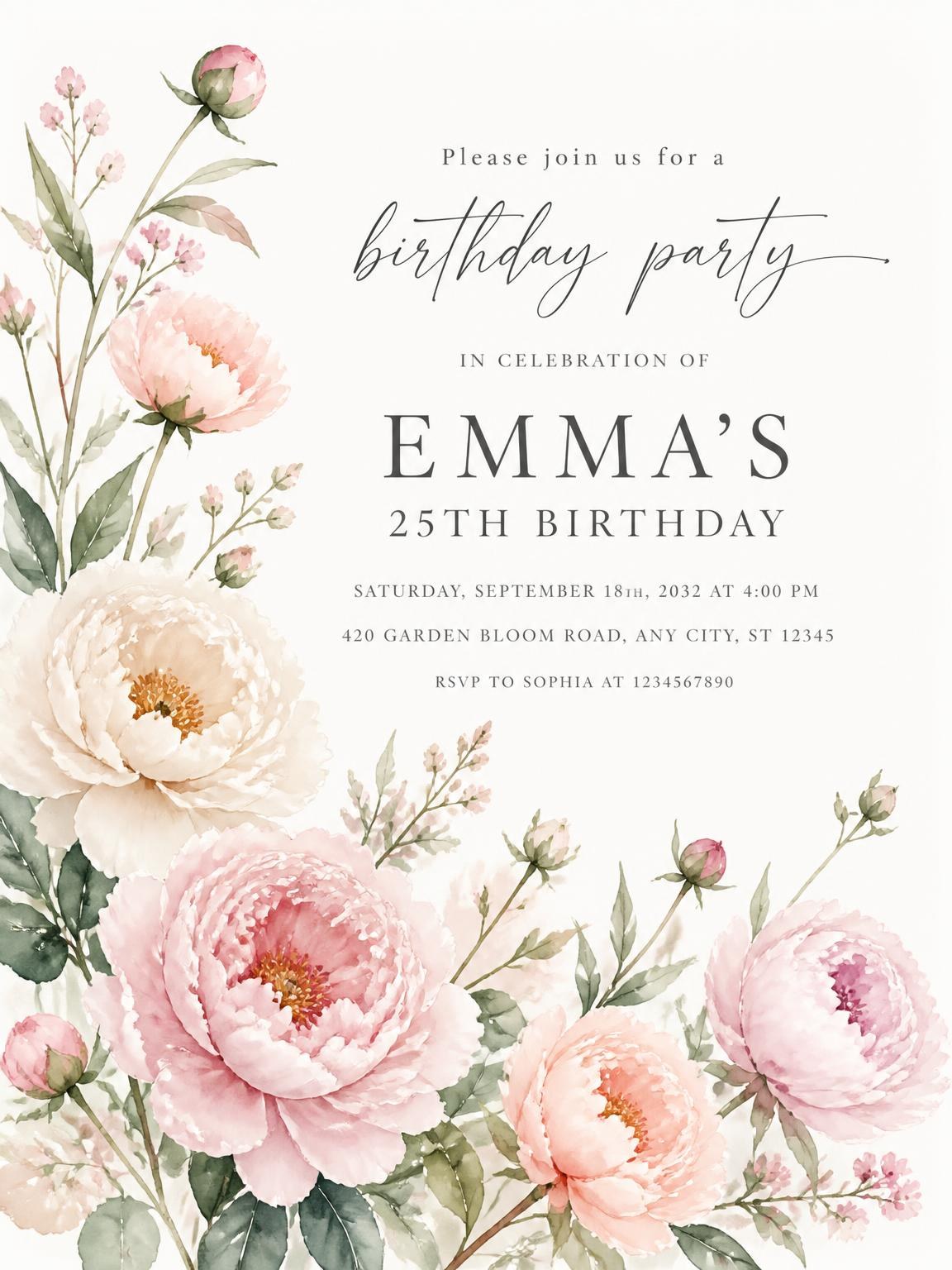 Peonies Greenery Blush 25th Birthday Invitation