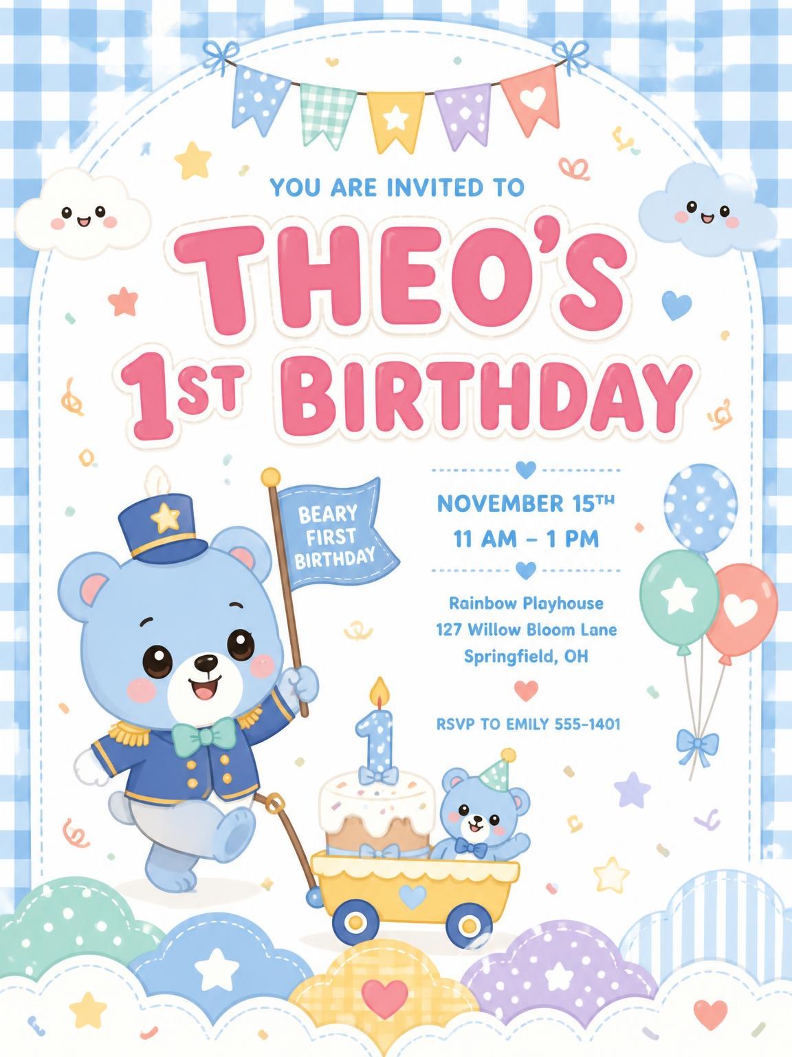 Toy Wagon Kawaii Pastel 1st Birthday Invitation
