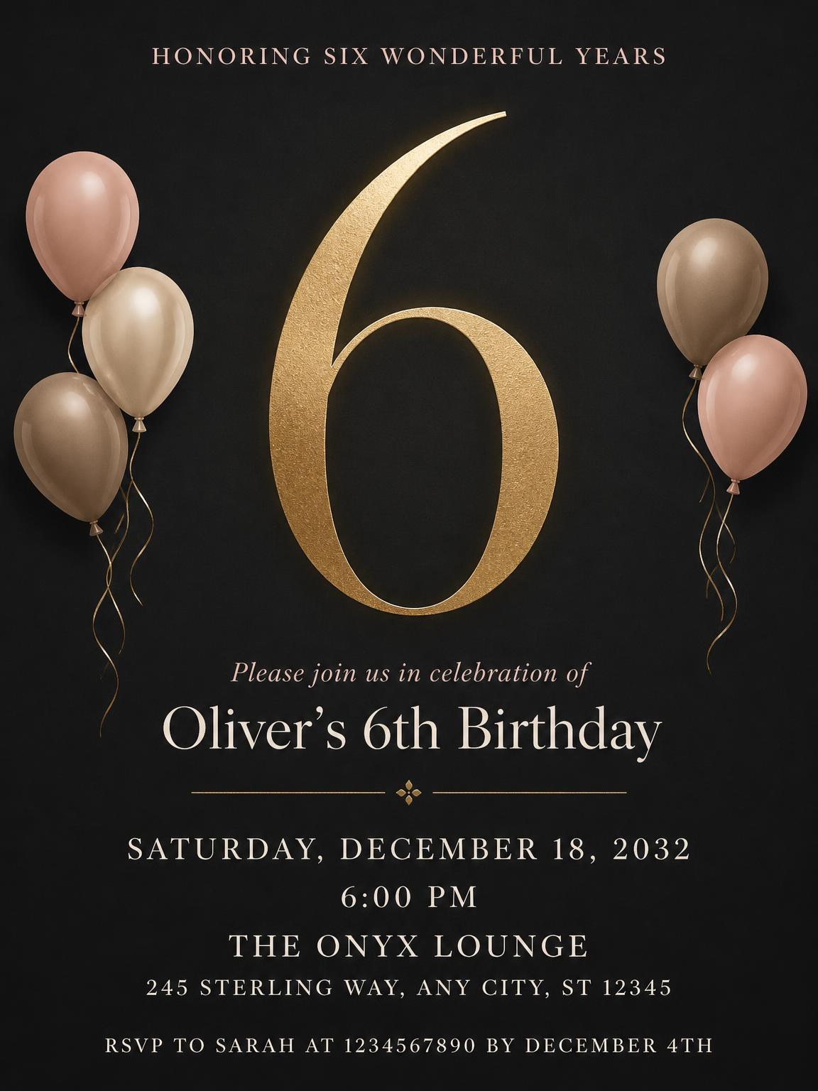 Charcoal and Blush 6th Birthday Invitation