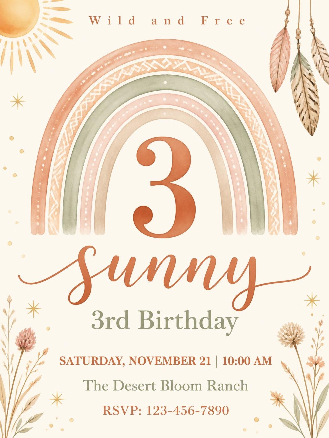 Terracotta Rainbow Wildflower 3rd Birthday Invitation
