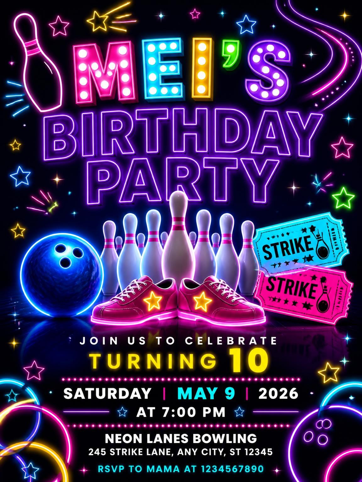 Neon Bowling 10th Birthday Invitation