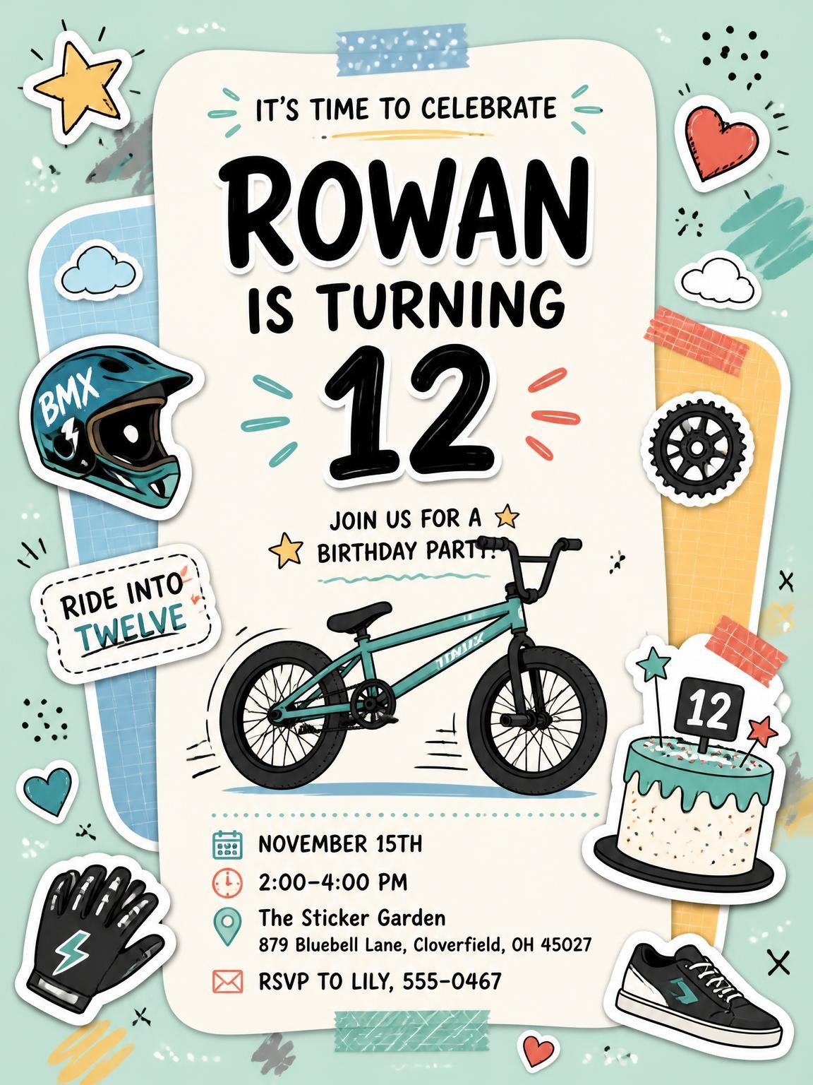 Pastel BMX Bike 12th Birthday Invitation