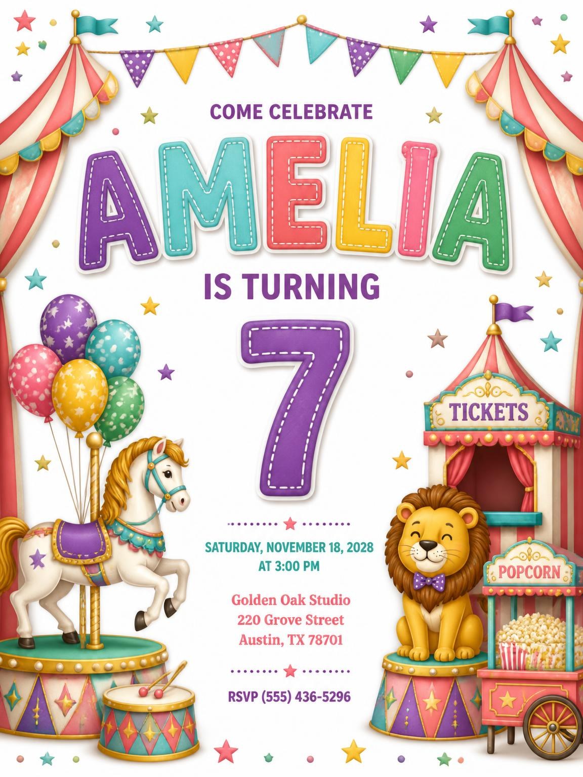 Stitched Circus 7th Birthday Invitation