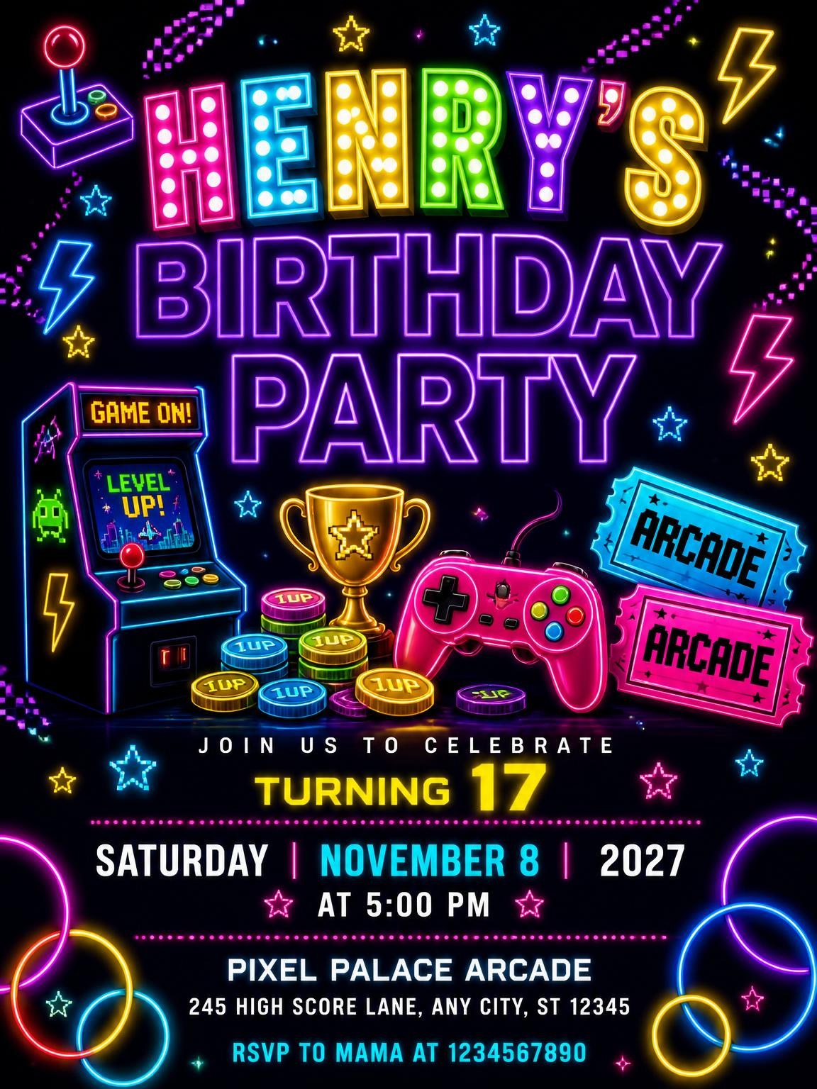 Neon Arcade 17th Birthday Invitation