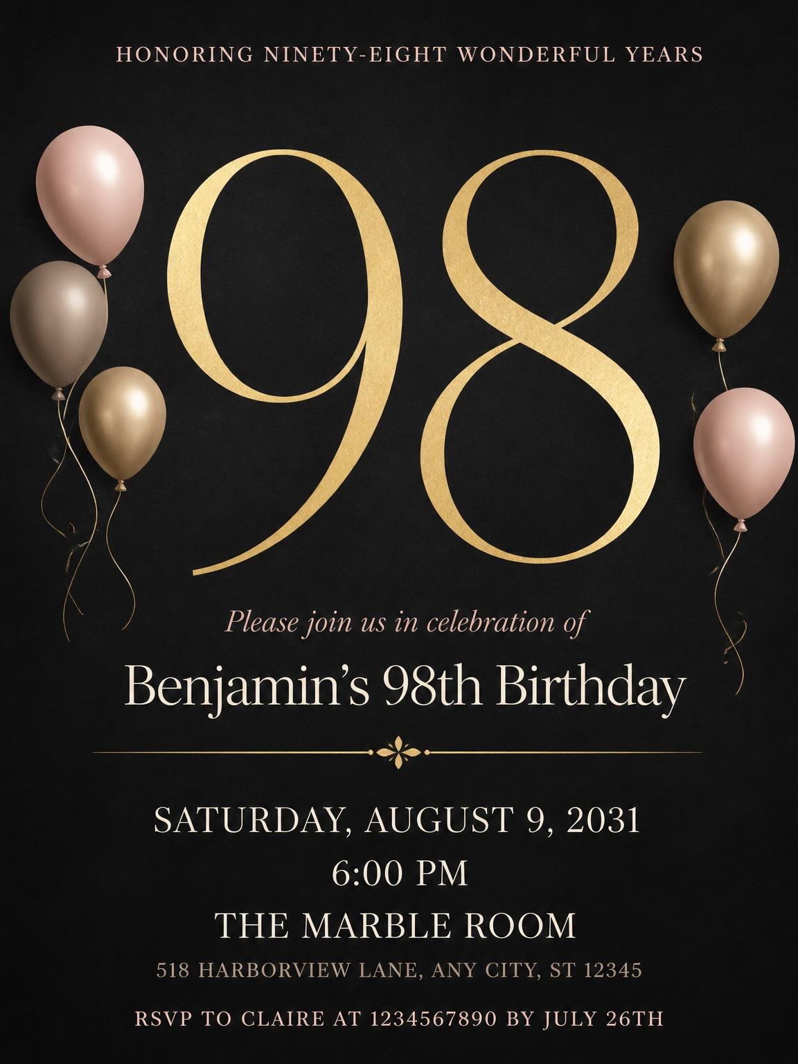 Charcoal and Blush 98th Birthday Invitation