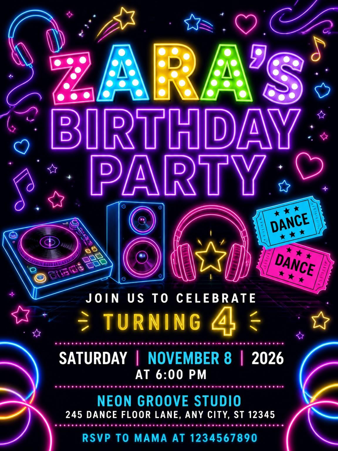 Neon Dance Party 4th Birthday Invitation