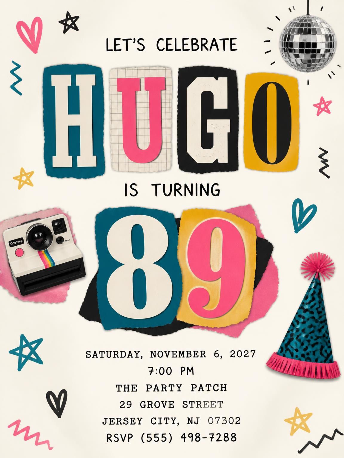 Retro Paper Collage 89th Birthday Invitation