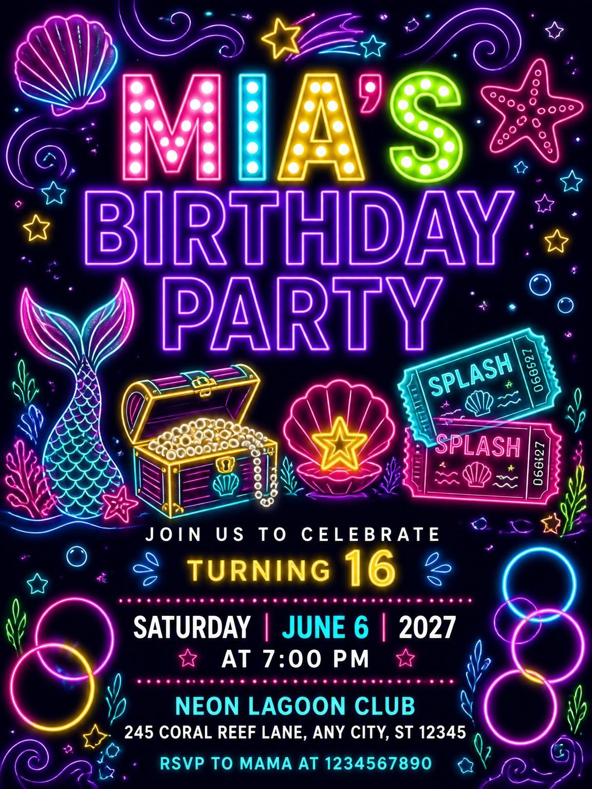 Neon Mermaid 16th Birthday Invitation
