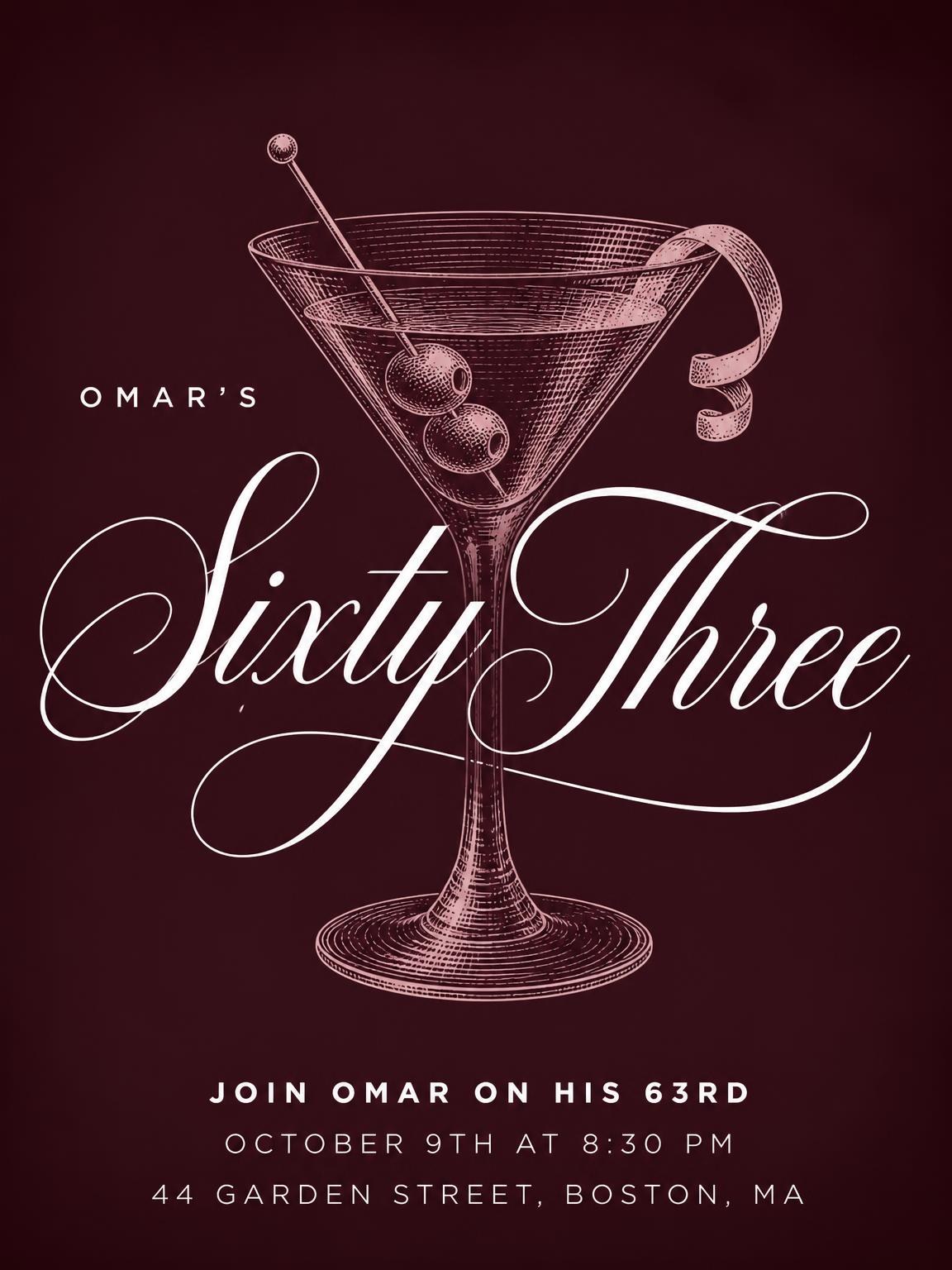 Burgundy Cocktail 63rd Birthday Invitation