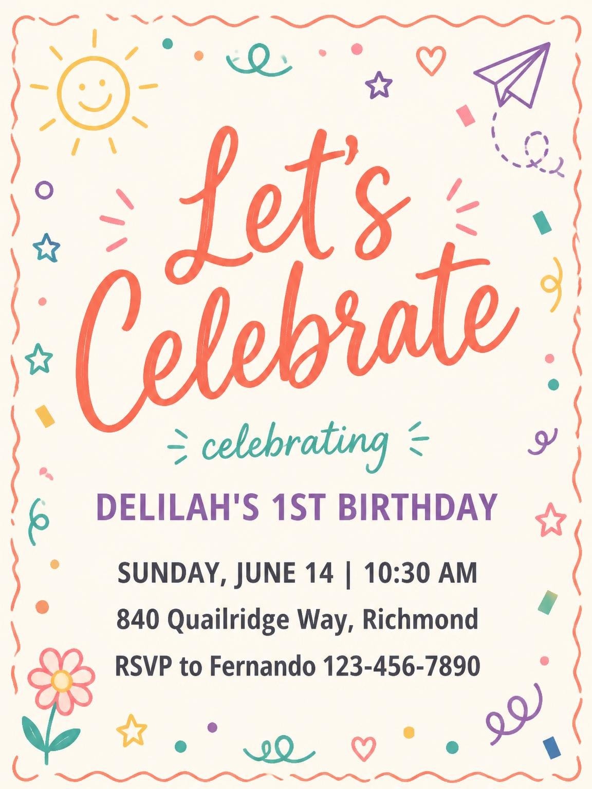 Multicolor Doodle 1st Birthday Invitation