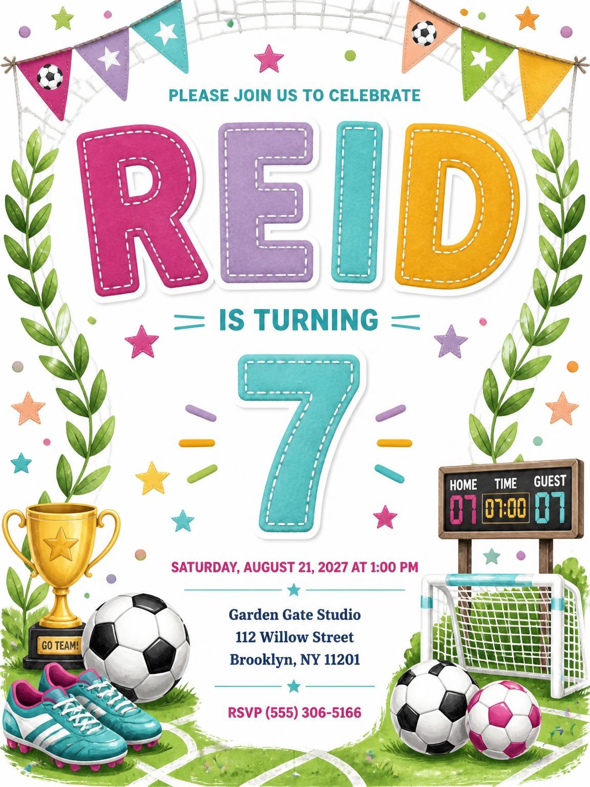 Stitched Soccer 7th Birthday Invitation