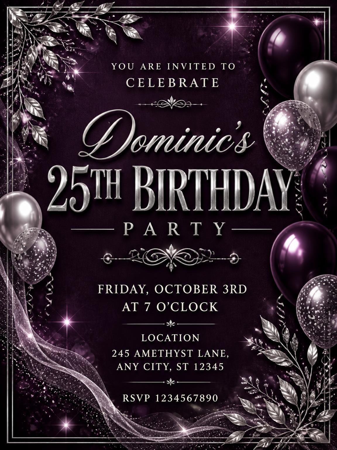 Plum and Silver 25th Birthday Invitation