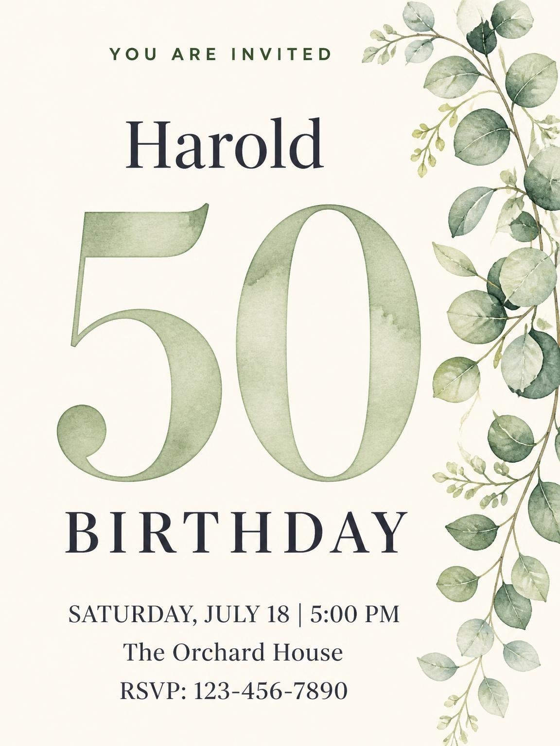 Green Eucalyptus 50th Birthday Invitation