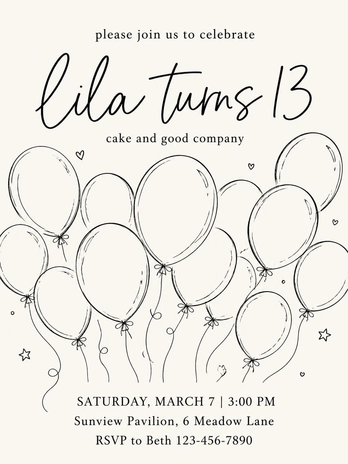 Minimalist Black and Cream Balloon 13th Birthday