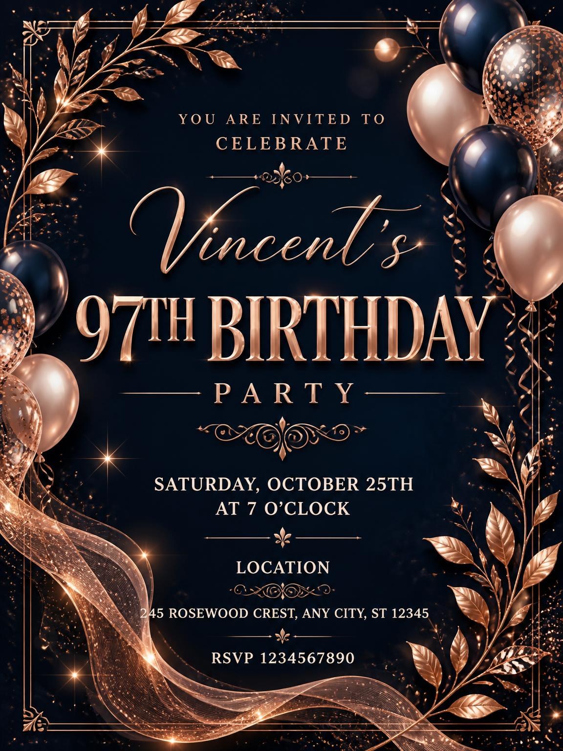 Navy and Rose Gold 97th Birthday Invitation