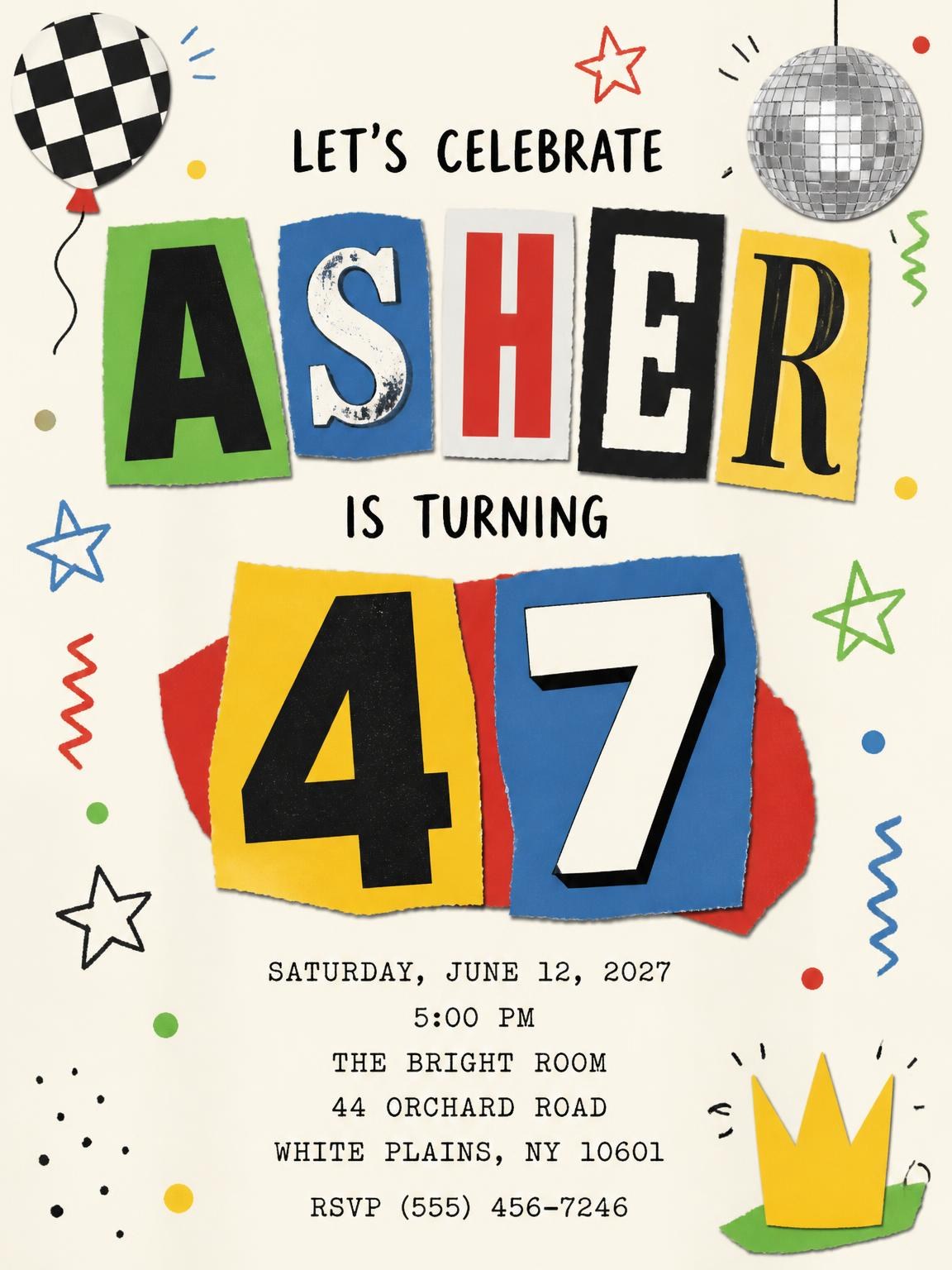 Retro Paper Collage 47th Birthday Invitation