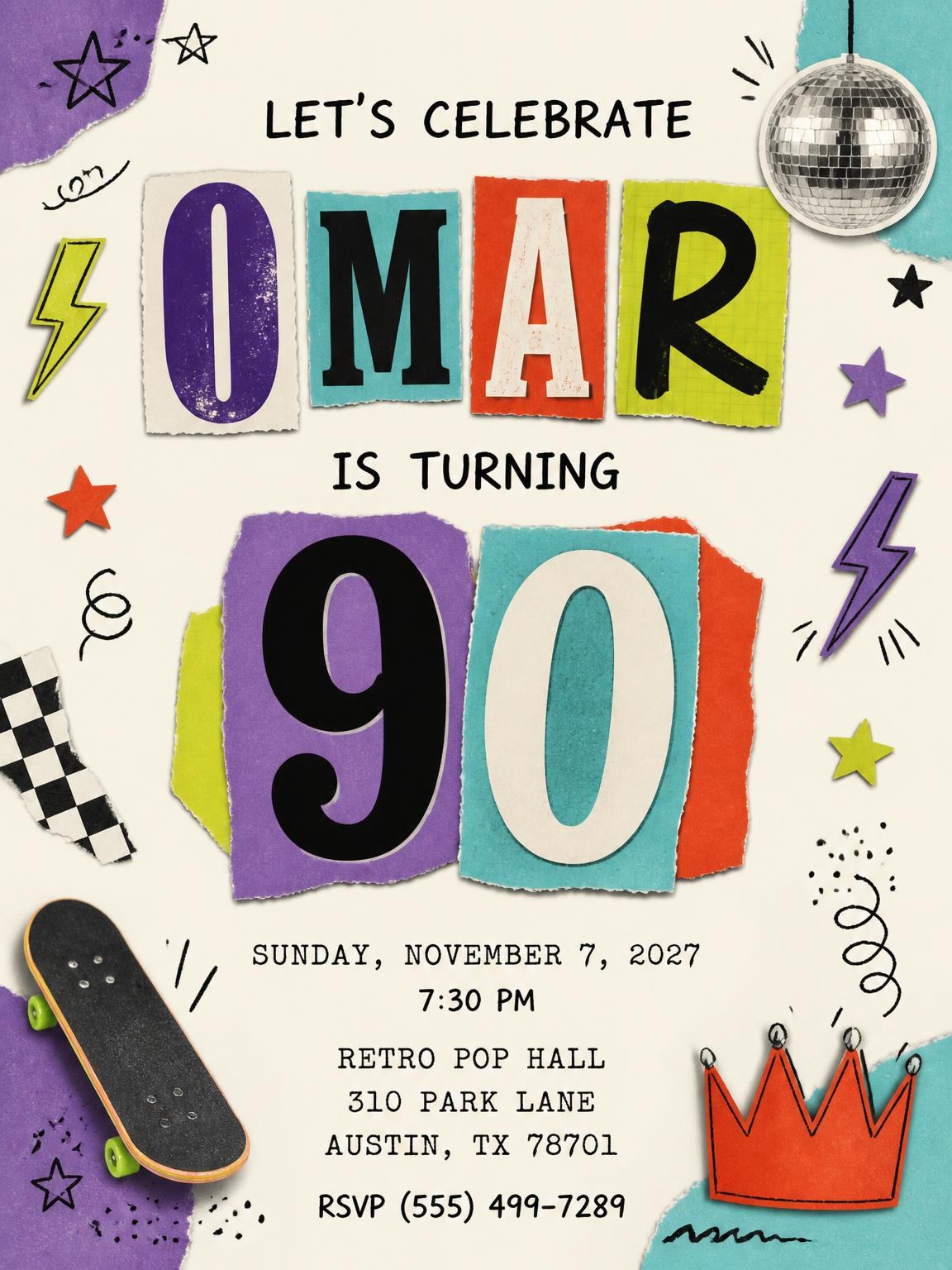 Retro Paper Collage 90th Birthday Invitation