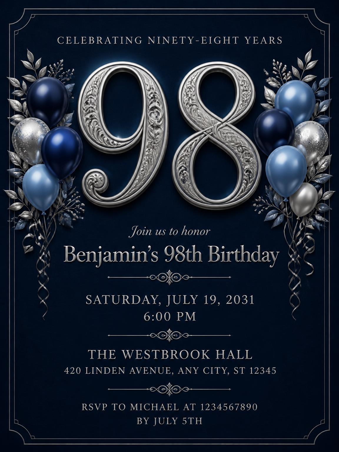 Navy and Silver 98th Birthday Invitation