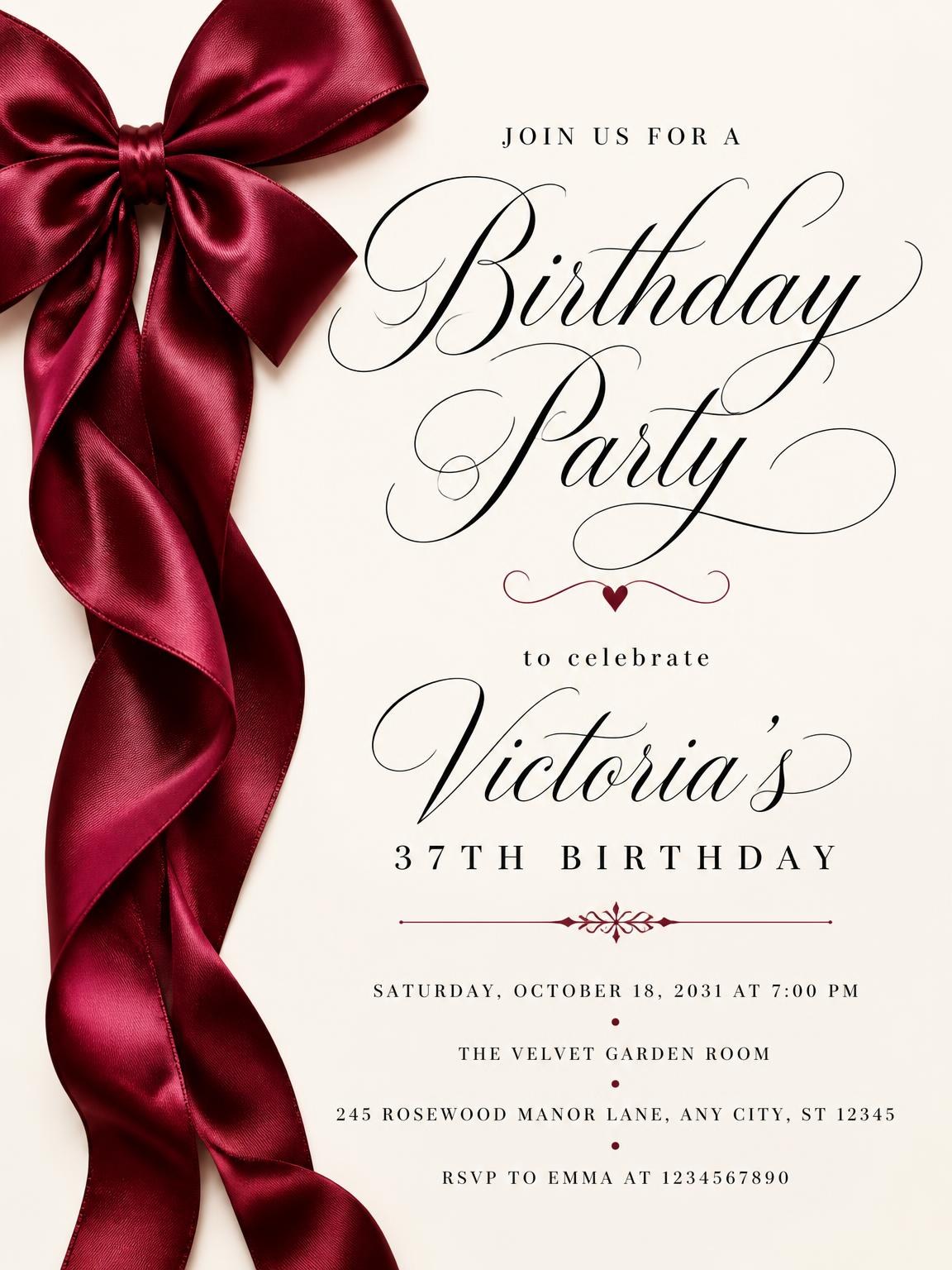 Burgundy Satin Bow 37th Birthday Invitation