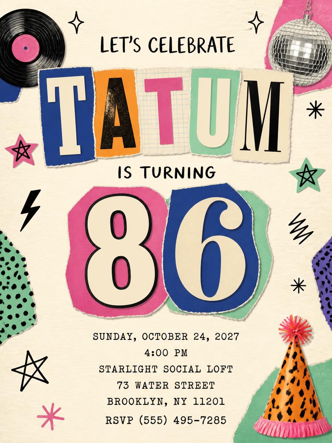 Retro Paper Collage 86th Birthday Invitation