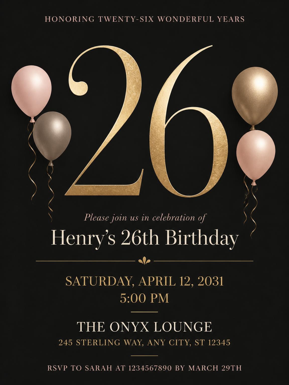 Charcoal and Blush 26th Birthday Invitation