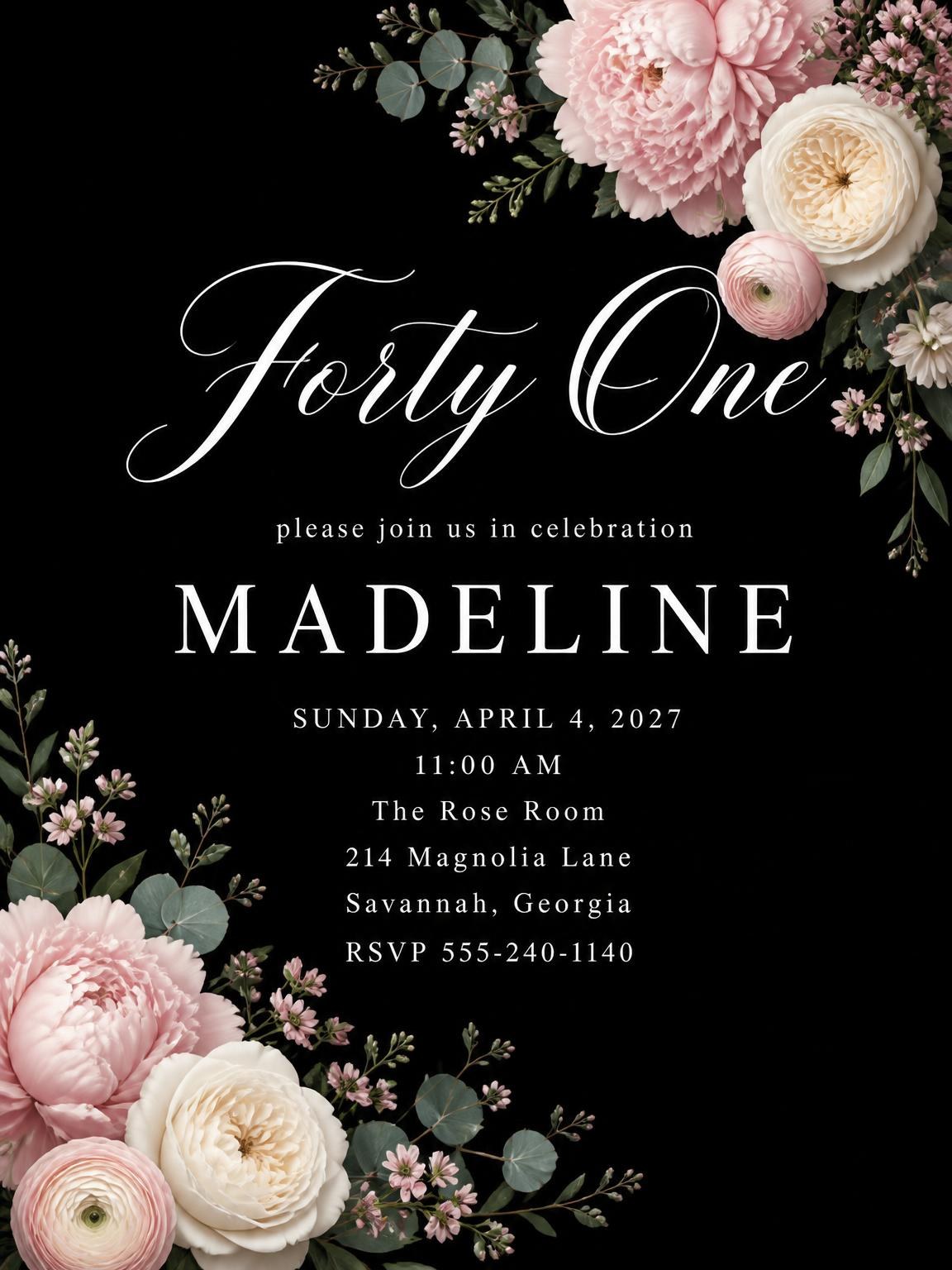Black Floral 41st Birthday Invitation