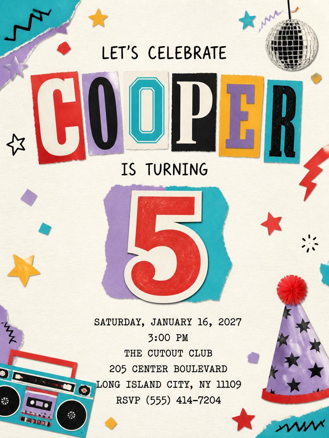 Retro Paper Collage 5th Birthday Invitation