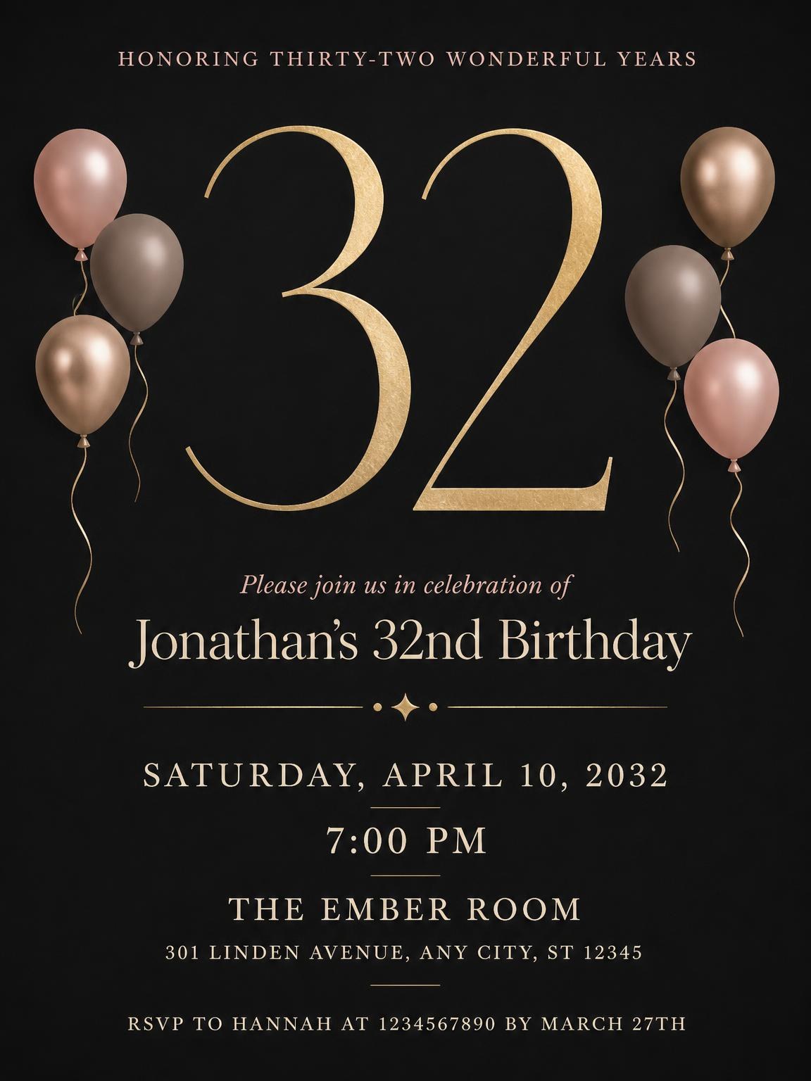 Charcoal and Blush 32nd Birthday Invitation
