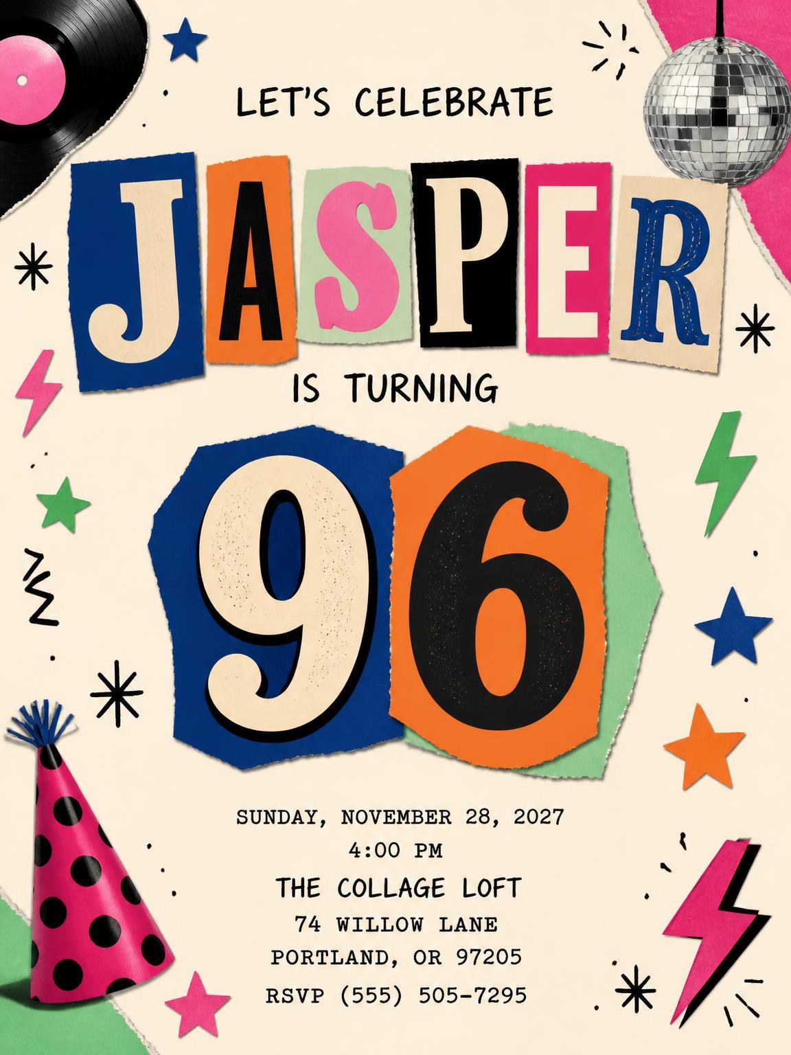 Retro Paper Collage 96th Birthday Invitation