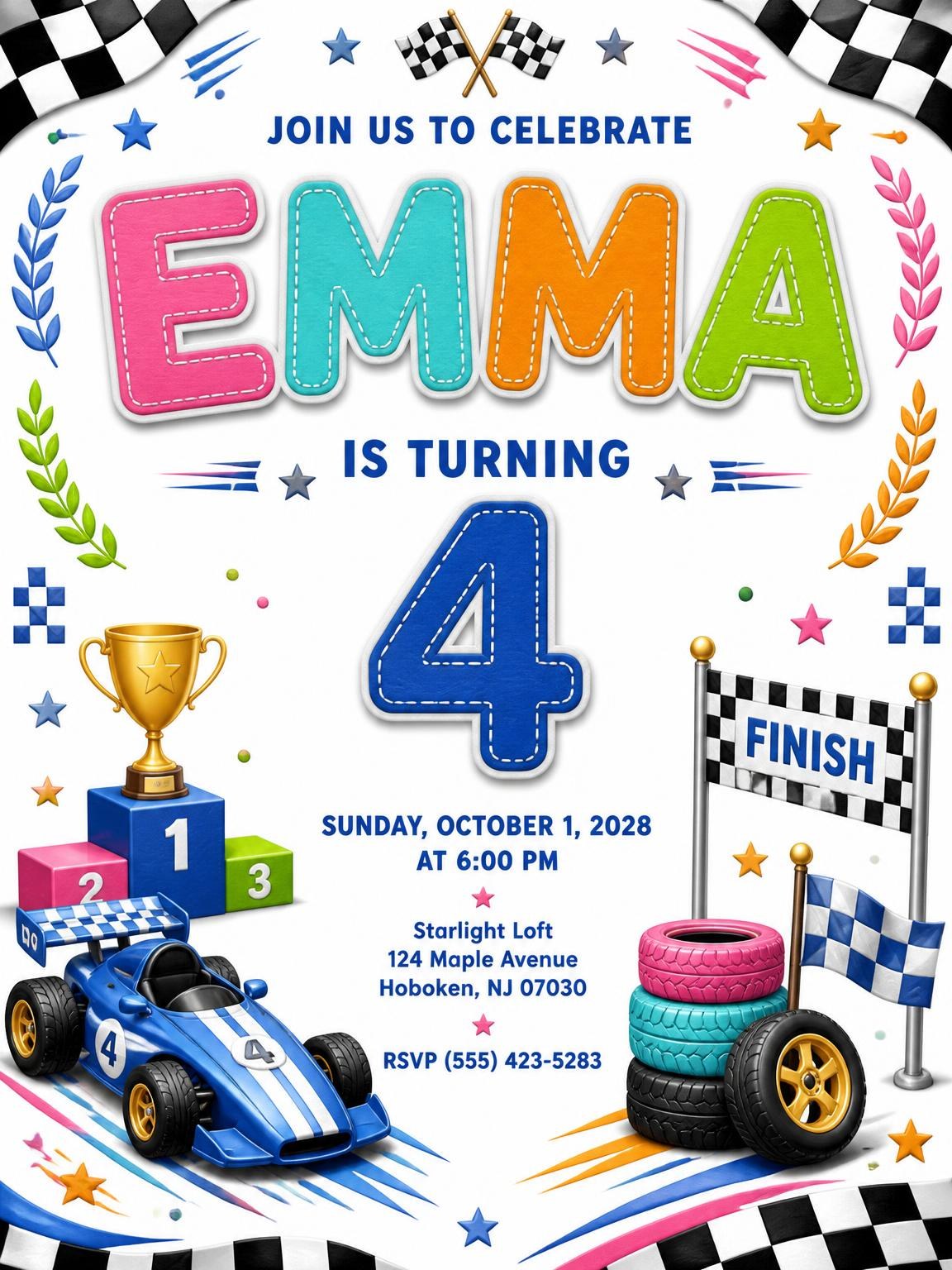 Stitched Race Car 4th Birthday Invitation