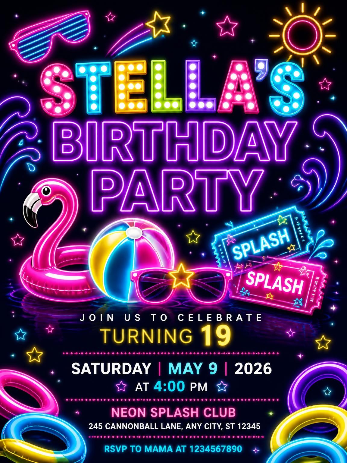 Neon Pool Party 19th Birthday Invitation