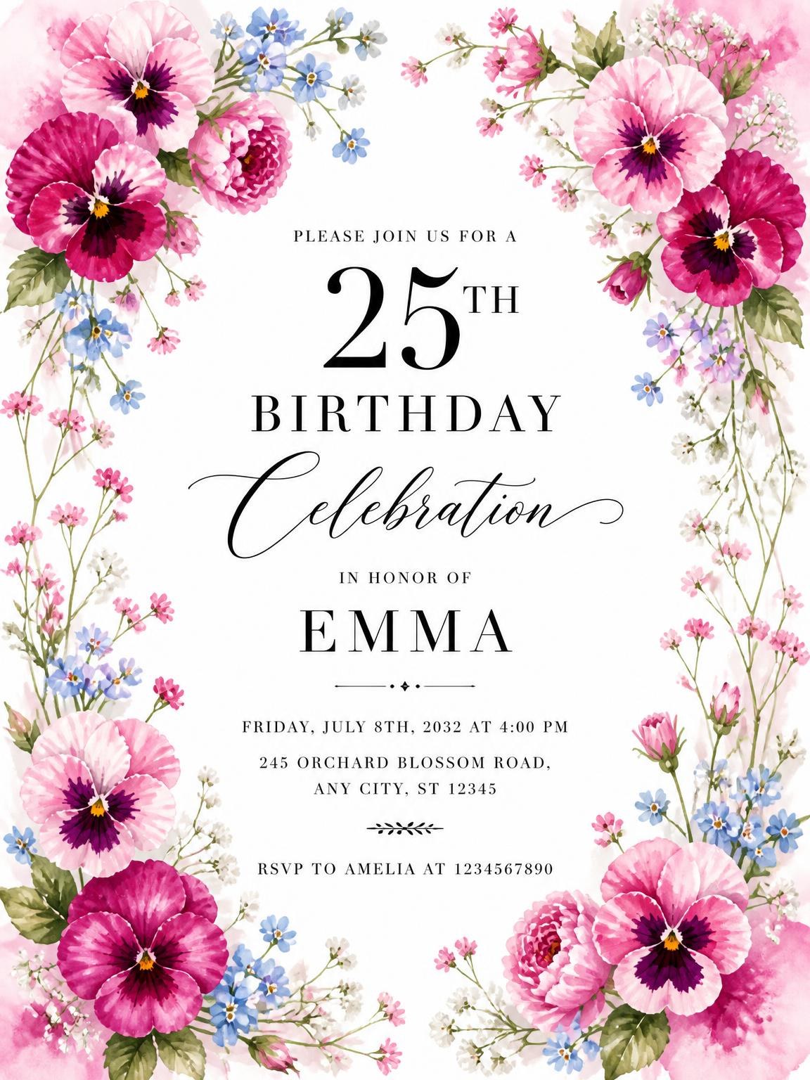 Fuchsia Pansy and Forget-Me-Not 25th Birthday Invitation