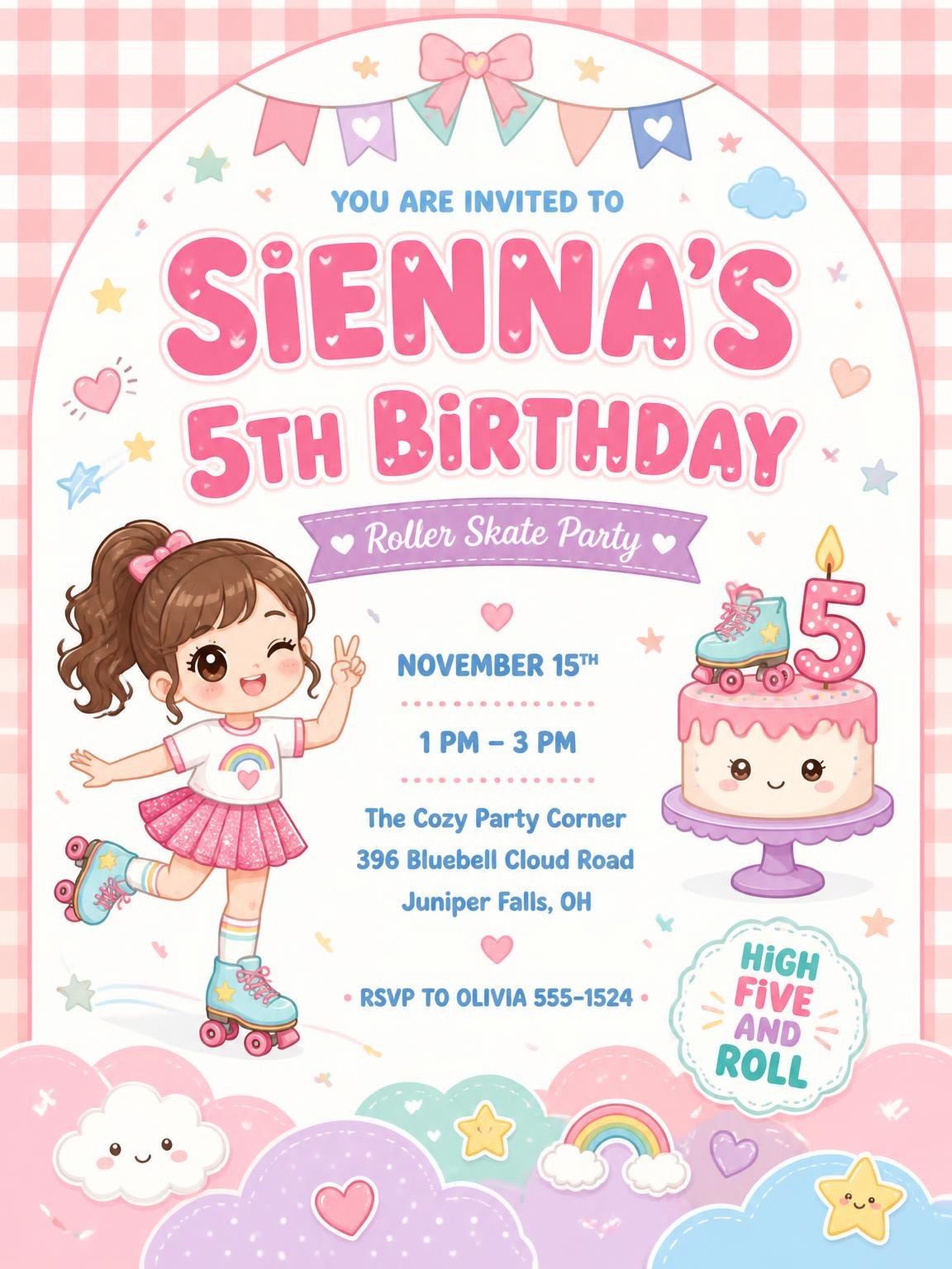 Kawaii Roller Skate 5th Birthday Invitation
