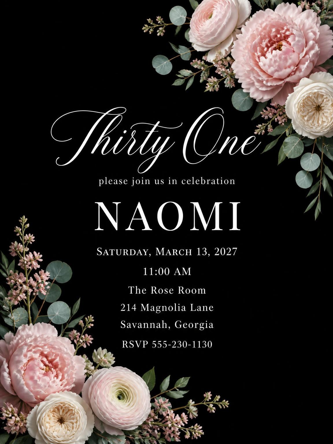 Black Floral 31st Birthday Invitation