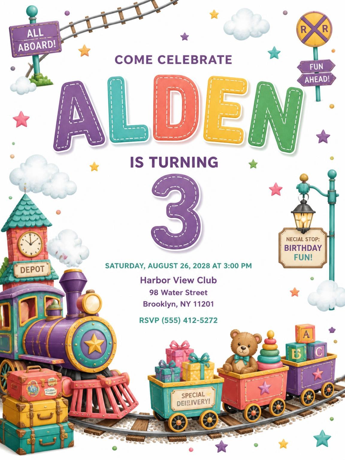 Stitched Train 3rd Birthday Invitation
